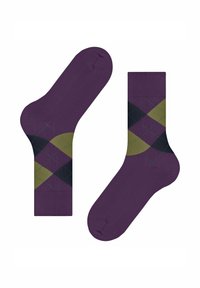 Ein Paar lila Socken mit einem olivgrünen und schwarzen Argyle-Diamantmuster im mittleren Bereich.