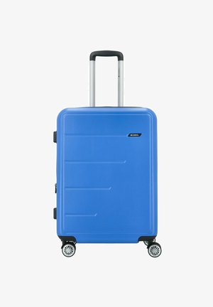 Maleta dura azul con superficie lisa, tres ranuras horizontales, mango retráctil y cuatro ruedas giratorias para mayor movilidad.