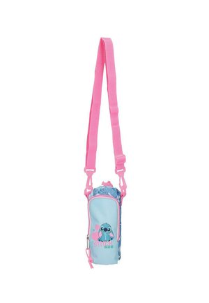 Pequeño porta botellas de agua azul y rosa con el personaje de dibujos animados Stitch, correa de hombro rosa ajustable y bolsillo delantero con cremallera.