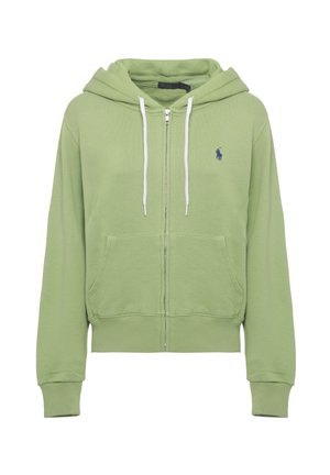 Felpa con cappuccio verde chiaro con zip, coulisse bianche, tasca a marsupio frontale, polsini a costine e piccolo logo scuro sul petto sinistro.