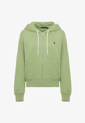 Felpa con cappuccio verde chiaro con zip, coulisse bianche, tasca a marsupio frontale, polsini a costine e piccolo logo scuro sul petto sinistro.