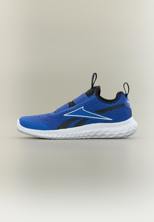 Blå slip-on sportssko med åndbar mesh-overdel, sort og hvid sål samt trækflapper på hæl og tunge.