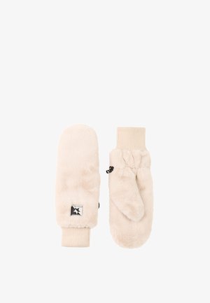 Een paar crèmekleurige namaakbonten wanten met geribbelde boorden en een klein zwart-wit merklabel op één want.