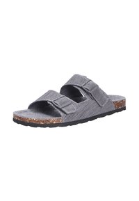 Grijze gaas slip-on sandal met twee verstelbare banden, kurken voetbed en zwarte rubberen zool. Beschikt over een plat ontwerp en een zachte textuur.