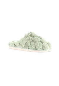 Pantofole in peluche verde menta con una parte superiore testurizzata e soffice, dotate di una suola imbottita e una forma arrotondata. Accenti di materiale liscio attorno al bordo.