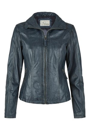 Marineblauwe leren jas met een ritssluiting aan de voorkant, nauwsluitend ontwerp, gestikte accenten en een puntige kraag. Beschikt over twee met rits afgesloten zijzakken.