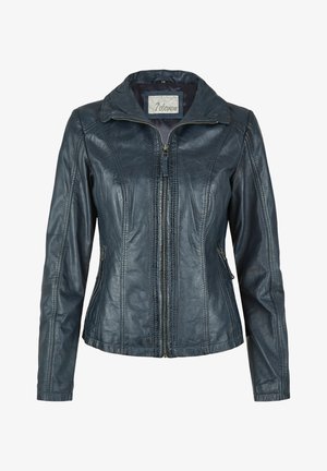 Marineblauwe leren jas met een ritssluiting aan de voorkant, nauwsluitend ontwerp, gestikte accenten en een puntige kraag. Beschikt over twee met rits afgesloten zijzakken.