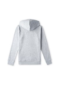 Sudadera con capucha gris de textura suave, mangas largas y capucha ajustable. Presenta puños y dobladillo acanalados, diseñada para mayor comodidad.