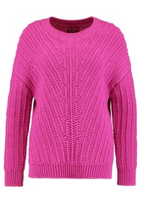 Klart rosa stickad tröja med ett texturerat mönster, rund halsringning och långa ärmar. Har ribbade mudd och nederkant.