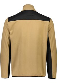 Chaqueta de forro polar en color beige con detalles en nylon negro en los hombros. Presenta un cuello alto y una textura suave, diseñada para proporcionar calidez y comodidad.