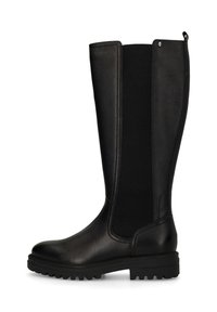 Black knee-high boot featuring smooth leather and elastic side panels, rugged sole, round toe, and a subtle metallic accent at the top.