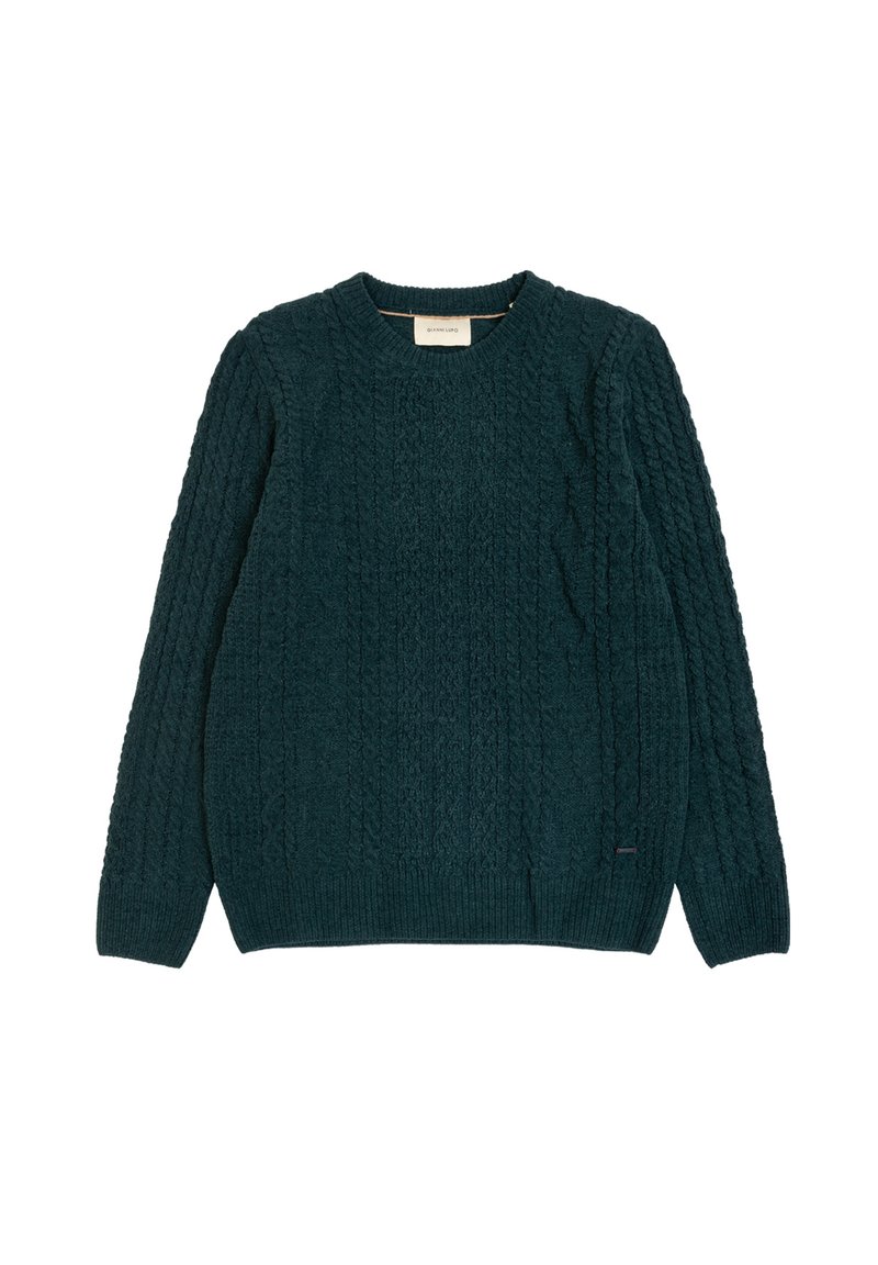 Maglione lavorato a maglia in tono teal con un design a trecce testurizzato, collo rotondo e maniche lunghe. Include polsini e orlo a costine con una piccola etichetta del marchio.