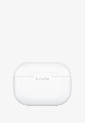 White wireless earbud case with rounded edges, center hinge, and the "HUAWEI" logo on the front. Smooth, glossy finish and compact design.
