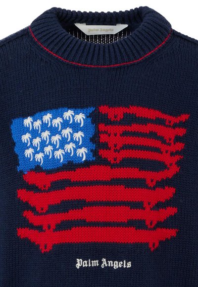 Sweatshirt en tricot bleu marine avec un design graphique d'un drapeau rouge et bleu agrémenté de motifs de palmiers, terminé par des accents blancs et un col rouge.