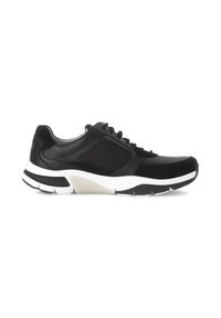 Zwarte sportieve schoen van leer en mesh, met een chunky witte tussenzool, ronde vorm, en zwarte veters met subtiele branding.
