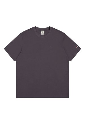 Dunkelgraues Kurzarm-T-Shirt aus Baumwolle mit rundem Halsausschnitt und kleinem gesticktem Logo auf der Brust und dem Ärmel.