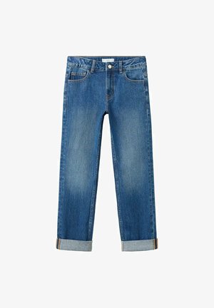 Jeans din denim albastru cu mansete răsucite, design cu cinci buzunare, închidere cu nasture și fermoar, și decolorare subtilă pe coapse.