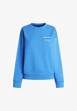 Μπλε φούτερ με στρογγυλή λαιμόκοψη, μακριά μανίκια, ριμπ μανσέτες και τελείωμα, με μικρό λευκό κείμενο "World Tour Red Bull Racing" στο αριστερό στήθος.