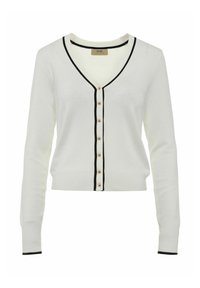 Biały sweter z dzianiny, z dekoltem V, czarnymi wykończeniami i złotymi guzikami z przodu. Długie rękawy i dopasowany krój.