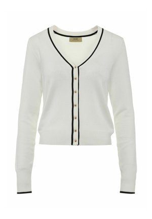 Biały sweter z dzianiny, z dekoltem V, czarnymi wykończeniami i złotymi guzikami z przodu. Długie rękawy i dopasowany krój.