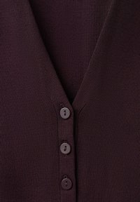 Temno vijoličen pleteni kardigan z V-izrezom in tremi usklajenimi gumbi spredaj.