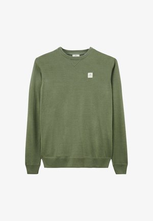 Pull vert olive à manches longues, col rond, avec des bords côtelés aux poignets et à l'ourlet, et une petite étiquette logo sur la poitrine. Texture tricot lisse.