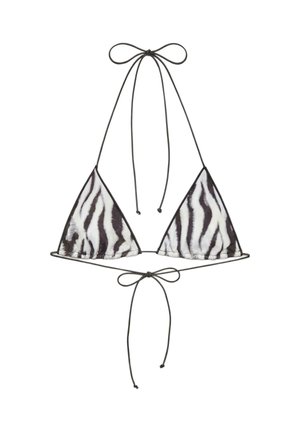 Trójkątny top od bikini z czarno-białymi pasiami zebry oraz cienkimi czarnymi regulowanymi wiązaniami na szyi i plecach na białym tle.