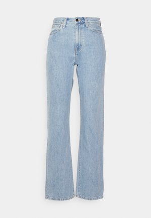 Light blue denim jeans with a high waist, wide-legged design, featuring belt loops, a front button closure, and classic five-pocket styling.