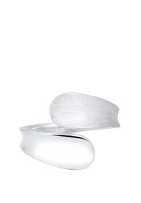 Sterling Silberring mit einem glatten, abgerundeten Band und zwei unterschiedlich strukturierten Enden, eines poliert und eines mit gebürsteter Oberfläche.