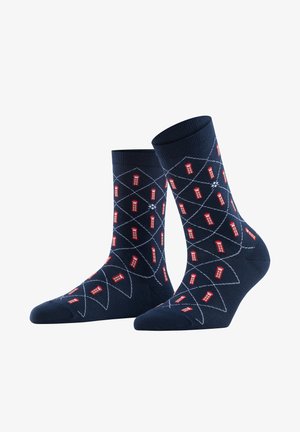 Navy socks featuring a repeated pattern of red phone booths, outlined with white diamonds. Cotton blend material with ribbed cuffs.