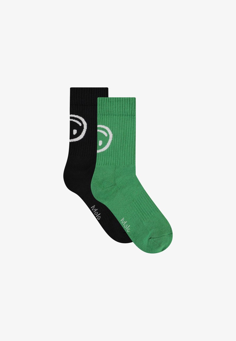 Cotton blend socks, one black with a white logo, the other green. Both feature ribbed texture and a crew length design.