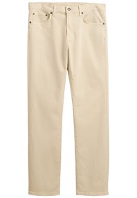 Beige bomullsbukser med rett ben-design, frontlommer og metallbeslag ved livet og lommene.