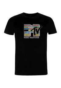 Black t-shirt featuring a colorful MTV logo in a retro design, with "MUSIC TELEVISION" text below in a bold, contrasting font.