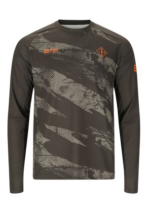 Dark olive green long-sleeve cycling jersey with abstract gray patterns and small orange text and logo on chest and sleeve.