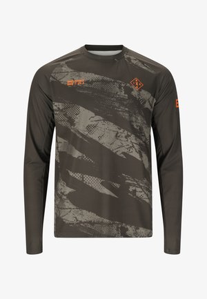 Dunkelolivgrünes langärmliges Radtrikot mit abstrakten grauen Mustern sowie kleinem orangefarbenem Text und Logo auf Brust und Ärmel.