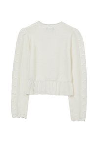 Weißer Strickpullover mit strukturiertem Design an den Ärmeln und einem plissierten Saum am unteren Ende. Runder Ausschnitt und gerippte Bündchen.