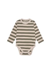 Langärmliger Baby-Body mit beigen und olivfarbenen horizontalen Streifen, Druckknöpfe an der Schulter und im Schritt für ein einfaches Ankleiden.