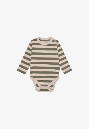 Body per neonato a maniche lunghe con strisce orizzontali beige e oliva, con bottoni a pressione sulla spalla e sul cavallo per un facile abbigliamento.