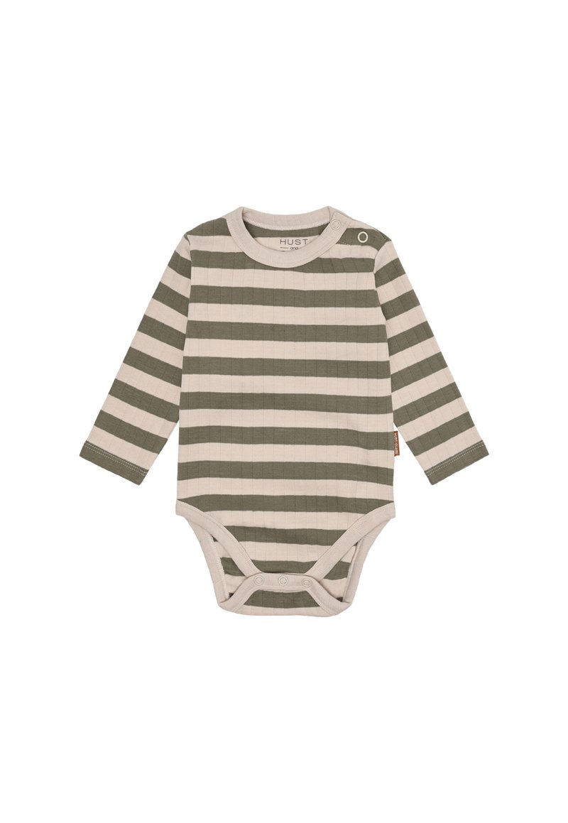 Langärmliger Baby-Body mit beigen und olivfarbenen horizontalen Streifen, Druckknöpfe an der Schulter und im Schritt für ein einfaches Ankleiden.
