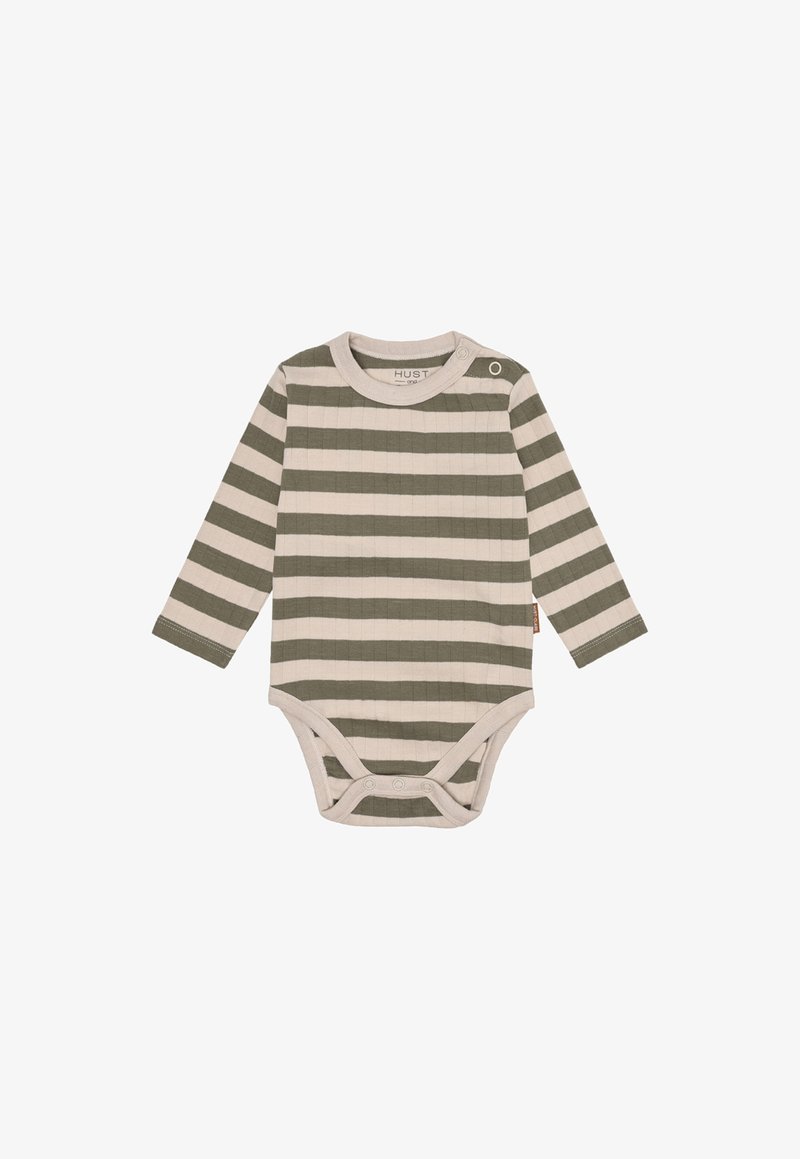 Body per neonato a maniche lunghe con strisce orizzontali beige e oliva, con bottoni a pressione sulla spalla e sul cavallo per un facile abbigliamento.