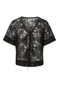 Črna čipkasta bluza z rožnim vzorcem, V-izrezom, kratkimi rokavi in zavezavo spredaj. Lahka in prosojna tekstura.