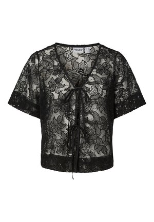 Svart bluse i blonder med blomstermønster, V-hals, korte ermer og knyting i front. Lett og gjennomsiktig stoff.