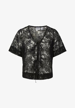 Svart bluse i blonder med blomstermønster, V-hals, korte ermer og knyting i front. Lett og gjennomsiktig stoff.