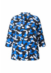 Schwarzes Shirt mit 3/4-Ärmeln, das mit einem blau-weißen abstrakten Muster versehen ist. V-Ausschnitt-Design mit glatter Stofftextur.
