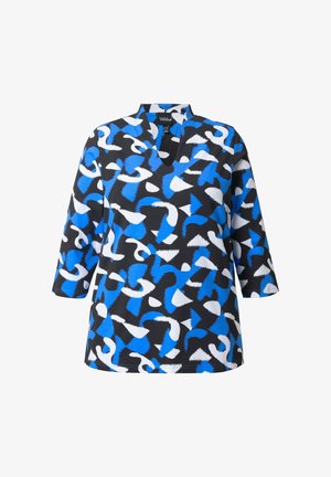Zwarte shirt met 3/4 mouwen, voorzien van een blauw en wit abstract patroon. V-hals ontwerp met een gladde stoftextuur.