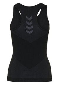 Mustassa urheilullisessa tanktopissa on urheilullinen selkätyyli, teksturoidut yksityiskohdat ja viisikulmainen kuvio selässä. Venyttävä materiaali takaa mukavuuden.