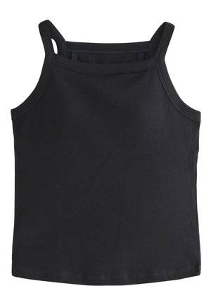 Sort rib strikket ærmeløs top med dobbelte skulderstropper og en lige halsudskæring.