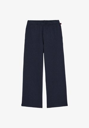 Pantaloni larghi color blu navy realizzati in tessuto morbido, con strisce verticali bianche, vita elastica e una vestibilità ampia.