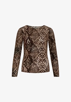 Langarm shirt met een bruin en beige slangenprint. Gemaakt van zachte stof met een ronde halslijn en een getailleerd design.