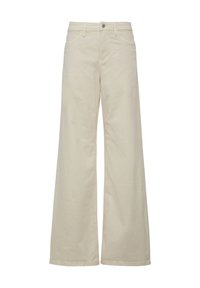 Beige weite Hose aus Baumwolle mit höherer Taille, Frontknopfverschluss und klassischem Fünf-Taschen-Design. Sauberer, glatter Textur.